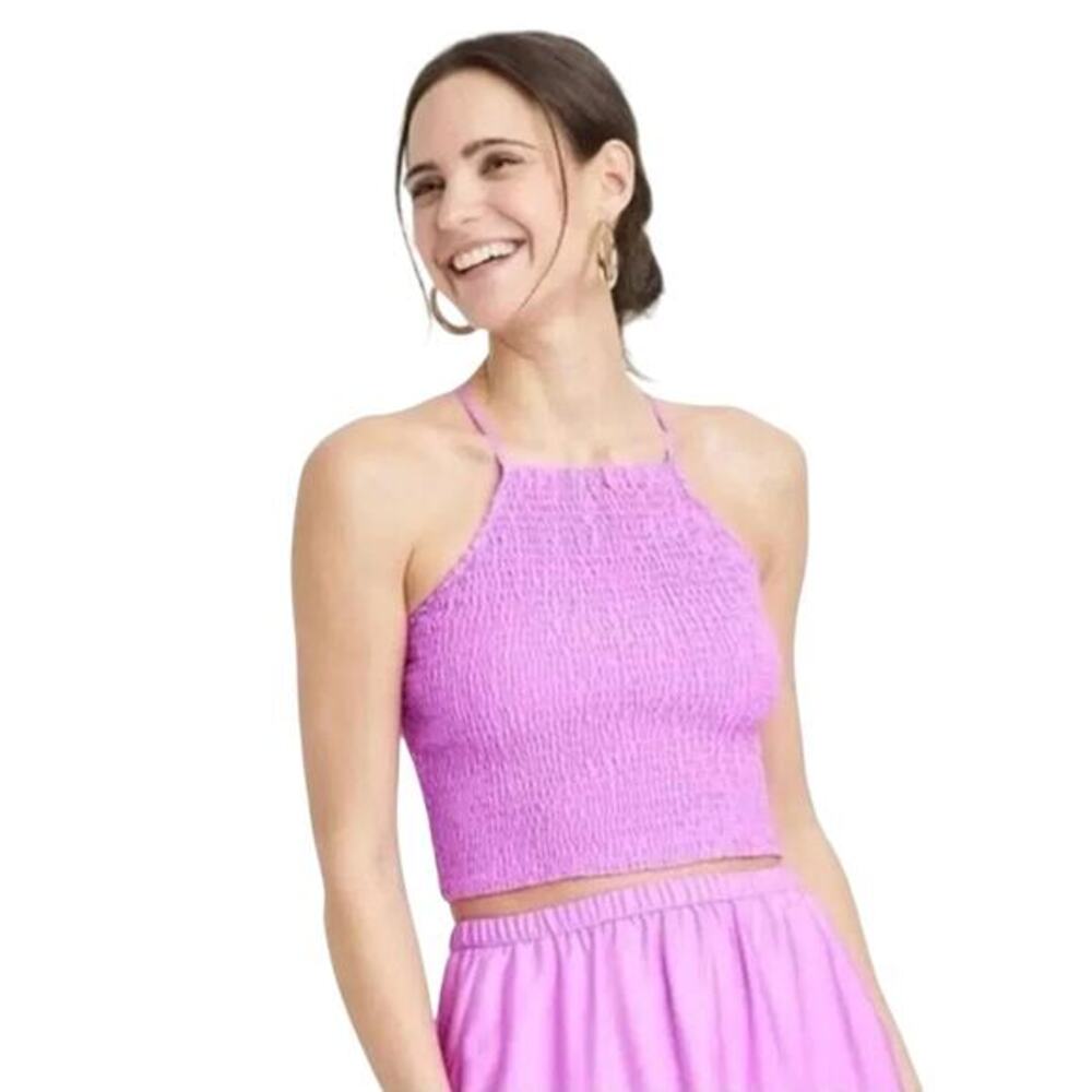 A New Day Women's Halter Smocked Cropped Apron Tank Top Pink‎ Purple Size XL
